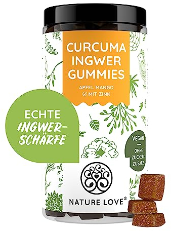NATURE LOVE® Curcuma Ingwer Gummies mit Zink – 90 Stück – ohne Zuckerzusatz, 93% Fruchtanteil – Alternative zu Kurkuma (Turmeric) Kapseln, Goldener Milch und Ingwershots – vegan und laborgeprüft