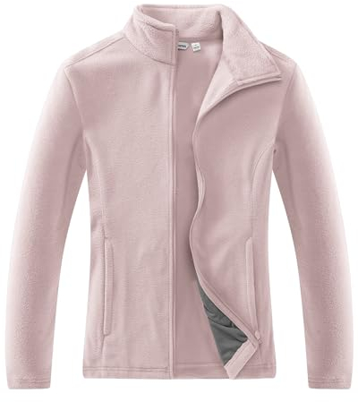 33,000ft Damen Fleecejacke mit Durchgehendem Reißverschluss Stehkragen Damen Leichte Fleece Jacke Outdoor Damenjacke für Wandern und Freizeit,Hellrosa M