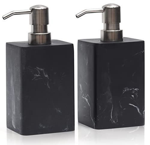 Suanti 2pcs Hand Soap and Lotion Dispenser Sets for Bathroom Countertop,Black Marble Texture Resin Stone Liqiud Dish Soap Dispenser for Kitchen Sink,Refillable-445ml/15 oz