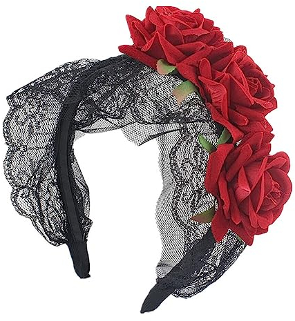 Dia de Muertos Haarreif,Tag der Toten Haarreif Schwarz Schleife,Halloween Kostüm Damen Haarschmuck,Tiara mexikanischen Stirnband Blumen Kronen Kopfschmuck für Halloween Karnival Fasching Mottoparty