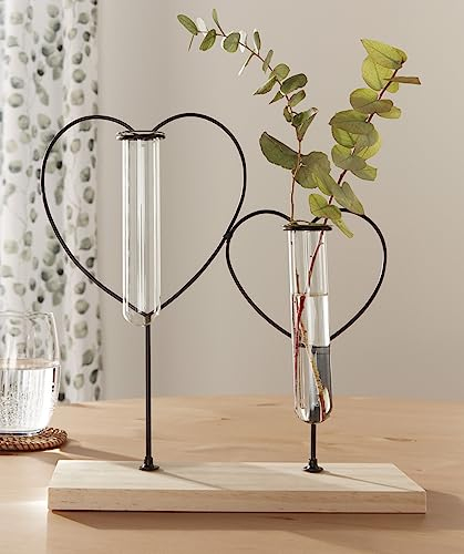 Dekoleidenschaft Vasenhalter Doppelherz aus Metall & Holz, mit 2 Reagenzgläsern, Blumenvase, Reagenzglasständer, Deko-Objekt mit Wasserröhrchen für einzelne Blumen, Hochzeitsdeko, Herzdeko