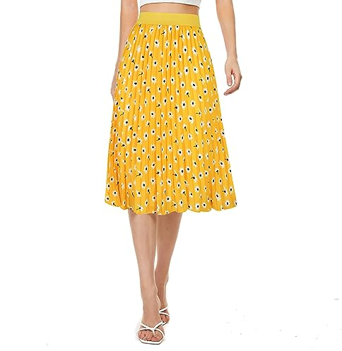Durio Midirock Damen Faltenrock Plissee Damenrock Leicht Casualrock Chiffon Röcke A-Linie Gelbe Gänseblümchen 36 (Tag Size S)
