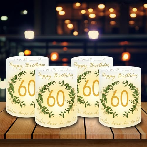 Windlicht Tischdeko 60. Geburtstag, 12 Stück Happy Birthday Tischdeko, Windlicht Tischlicht deko mit Schön DASS Du Da Bist und Eukalyptus, Geeignet für Teelichter oder Kerzen