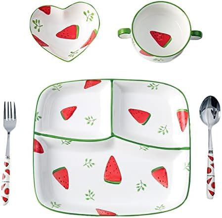 Divided Plate/Soup Bowl/Spoon/Fork Cutlery Set One Person Use Bariatric Plates for Portion Control - 5Pcs,Serene16