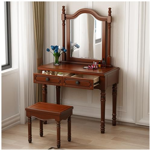 99cm Antiker Holz Schminktisch mit Hocker, Frisiertisch mit Spiegel und Schubladen, Metallgriffe, Landhausstil Kosmetiktisch für Zuhause, Schlafzimmer (Color : Walnut, Size : 99x44x155cm)