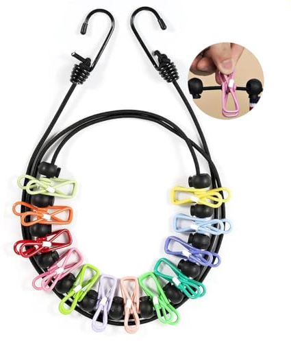 Elastische Tragbare Reise-Wäscheleine Ausziehbar, mit 12 Wäscheklammern, Camping Zubehör Gadgets Kreuzfahrt Urlaub Must Haves (12 Farbe)