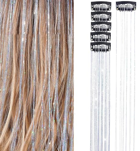 6 Stück Clip in Hair Tinsel HaarsträHnen Zum Einklipsen Silber HaarsträHnen Kinder Glitzer Haar Tinsel Hair Extension für Frauen Mädchen Kinder