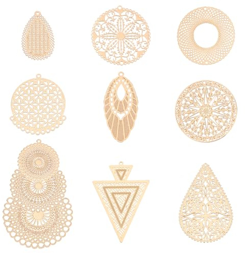 UNICRAFTALE 36 Stück 9 Stile Charms Im Böhmischen Stil Messing und Goldfiligran Anhänger Kronleuchter Komponenten Runde Tropfen Dreieck Anhänger Für Ohrringe