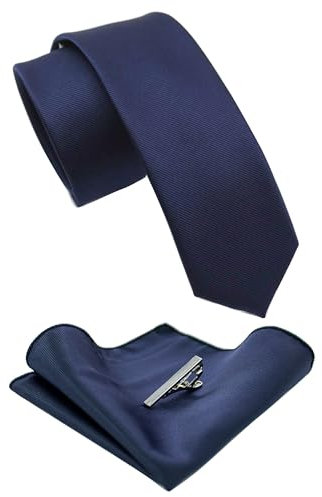 JEMYGINS Schmale Herren Krawatte und Einstecktuch krawattenklammer Set 6cm tiefes Marineblau