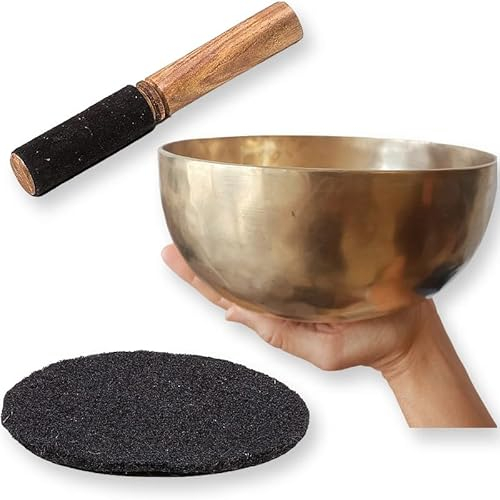 CRIGEMA Handgefertigte Chö-pa Klangschale aus Kupfer, Zinn und 8 Edelmetallen + Klöppel plus Wollsockel (30 cm)