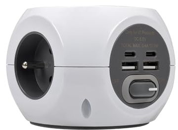 SIMON COMBIBALL - Base de Enchufe Múltiple con Toma Francesa, Regleta de Enchufes con USB, 8 Tomas de Carga, Ladrón de Enchufes con Interruptor, Carga Inalámbrica Smartphones, Color Blanco