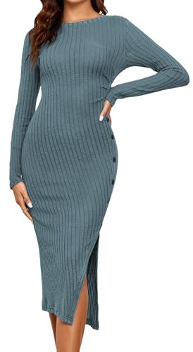 Famulily Women's Fall Vintage Jumper Maxi Dress - Soft Knit Bodycon Button Down Sweater - Blue M