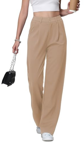 HMIYA Weite Hosen Damen Lässig Gerade Stoffhose Business Elegant Dünne Herbst Hose mit Tasche,Khaki,L/30L