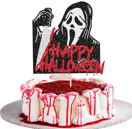 SYKYCTCY 1 Pack Happy Birthday Cake Topper Assembled Glitter Horror Classic Halloween Cake Pick for Bloody Horror Movie Theme Birthday Halloween Party Cake Decorations Supplies