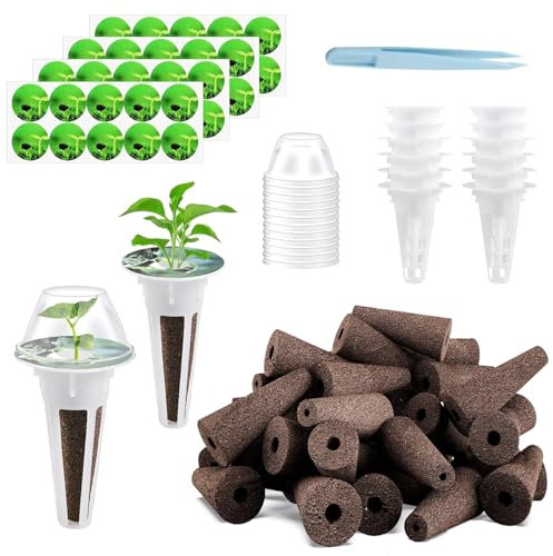 Set di 105 ciotole per aerogard, accessori da giardino idroponico per sistemi di avviamento, 12 cesti, 12 coperture trasparenti, 40 adesivi, 40 spugne di crescita e 1 pinzetta