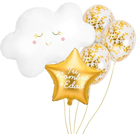 OH YEAH Personalisiertes Wolkenballon-Set, Folienballon, goldener Folienballon, Wolkenballon, 3 Konfetti-Luftballons, personalisierbarer Name, Helium, personalisierter Ballon, wählen Sie Ihren Namen +