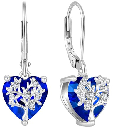 JO WISDOM Damen Hängende Ohrringe Familie Lebensbaum Herz Silber 925 mit 3A Zirkonia Kristall September Geburtsstein Saphirfarbe,Schmuck für Frauen