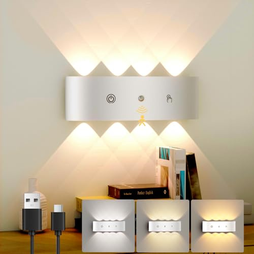 1 Pezzi Applique Led da Parete con Sensore di Movimento, 6000mAh Lampada Muro Senza Fili Ricaricabile, 3 Colori 3 Modalità Regolabile, Lampada a Batteria da Parete Lampade Senza Corrente - Bianco