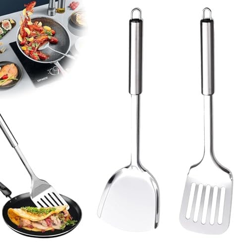 Spatulas for Cooking, Spatula, 2 Pcs Silver Stainless Steel Spatula Set, Slotted Turner and Solid Turner, Cooking Utensils for Fish,Eggs,Pancakes, Dishwasher Safe