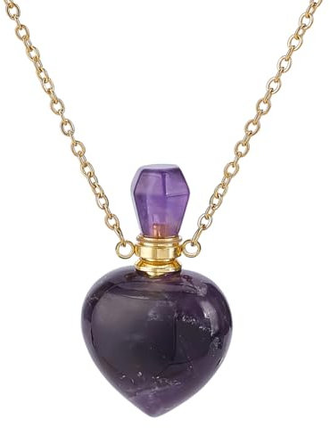 PH PandaHall Natural Amethyst Perfume Bottle Necklace, Heart Shape Essential Oil Diffuser Bottle Real Amethyst Crystal Stone Necklace Golden Chain for Women Jewellery, Purple, 1 Piece