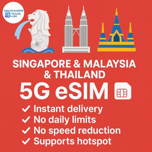 Singapur Malaysia Thailand eSIM | 5G High-Speed-Daten | Unterstützt Hotspot | 3 GB bis 50 GB | E-Mail-Zustellung (5 GB für 30 Tage)