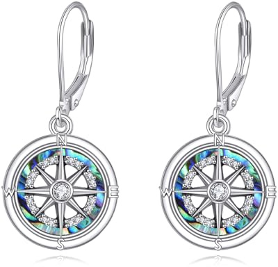 KZX 925 Sterling Silber Ohrringe Kompass Abalone Tropfen Zirkonia Creolen Elegante Ohrringe Kompass Silber Creolen für Frauen Ehefrau Freundin Geburtstag Abschlussgeschenk