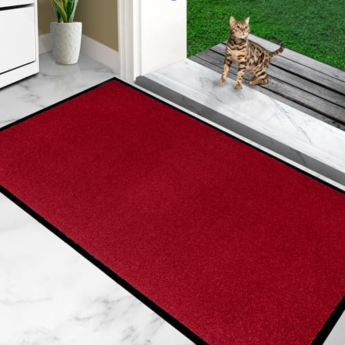 furni24 Fußmatte - Leicht zu reinigen, wetterfeste Schmutzfangmatte mit Rutschfester Rückseite - Geeignet für den Innen- und Außenbereich, saugfähig, schnell trocknend, waschbar - Rot, 90x150 cm