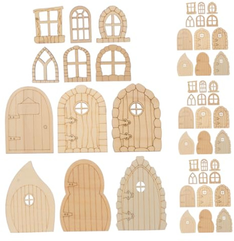 Mikinona 60 Stück Teiliges Miniatur Holz Fairy Doors für Gartenhäuser DIY Bastelset Unbemalt zum Bemalen mit Glatter Oberfläche Robust für Wand und Baumdekorationen Kreative Handwerksideen