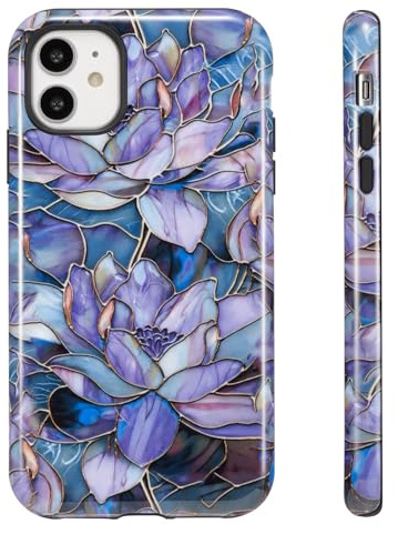 QLTYPRI Flower Case for iPhone 11, Aesthetic Cute Floral Phone Case for Girls Women, Protective Hybrid 2-Layer Hard Shell Silicone Cover Durable Shockproof Phone Cover - Purple Lotus