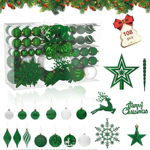 HENGMEI Weihnachtskugeln Kunststoff 108 Stück Christbaumschmuck mit Stern Spitze Christmas Decorators Aufhängen Weihnachtsbaumschmuck - Dunkelgrün