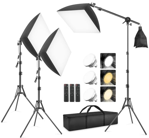 85W Softbox Kit dimbart 3-pack – Roterande permanent ljus LED med 2700K-6400K, fotostudioljus för porträtt, videoinspelningar, YouTube & TikTok – inkl. stativ(40 cm)