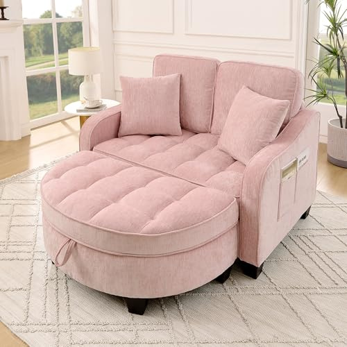 Ligterra Sofa mit Schlaffunktion, Sofa Klein, Chaiselongue, 2-in-1 Schlafsofa, Aufbewahrungs-Hocker & 4 Kisse, für Kleine Wohnzimmer, Studienzimmer, Schlafzimmer, 132×129×93cm (Rosa)