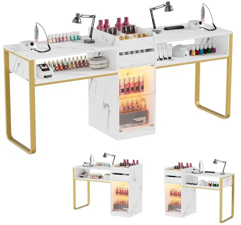 MSFE Nageltisch, DoppelManiküre Tisch mit Schublade, Visualisierter Schrank mit Einstellbaren LED-Leuchten, Modern Marmor-Weiß Gold Profi Nagelstudio Tisch für Maniküre & Nageldesign, 194 x 45 x 81cm