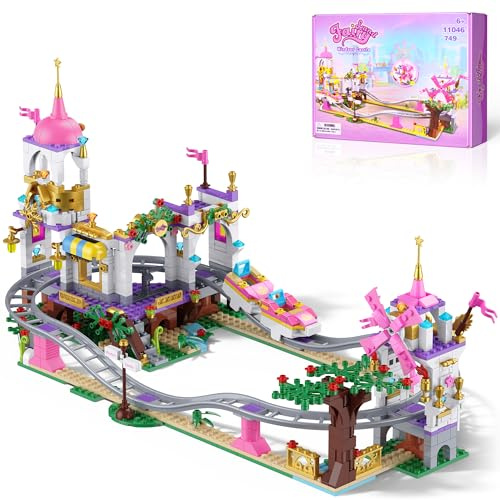 Castello Principesse Montagne Russe Set di Costruzione, 749 PCS Rosa Parco Divertimenti Carnevale con Casa sull'Albero Friends, Mulino a Vento, Pasqua Natale Regalo per Bambine Ragazze da 6+