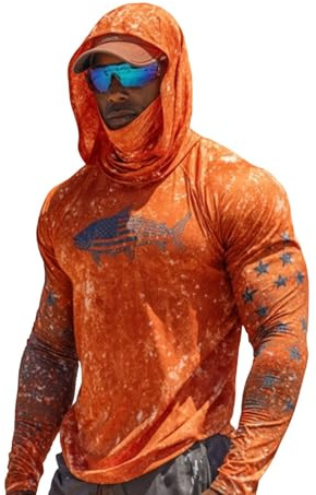Camisetas de pesca para hombre con capucha y máscara, diseño de peces, manga larga, ligeras, para senderismo, exteriores, protección UV, ropa de pesca, naranja, XL