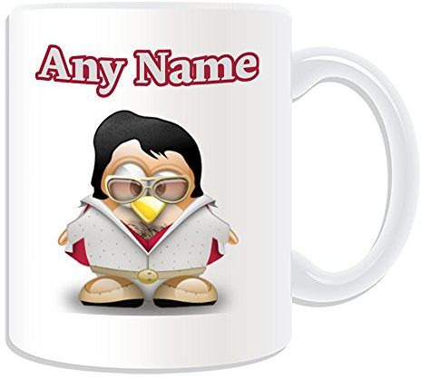 Personalisierbares Geschenk – Elvis Presley Tasse (PinguinKostümDesign, weiß) mit Namensnachricht, einzigartiger Stern, lustige Neuheit, Super Sänger King Pop Dancer Schauspieler Album Music Award