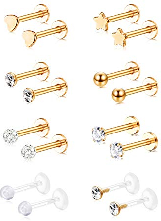 CASSIECA 16 Stück Edelstahl Piercing Herren Damen ohrknorpel Piercing Ear Piercing Lip Piercing Set Tragus Piercing Gold