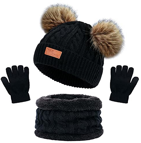 beifon Kinder Wintermütze Schal Handschuhe Mädchen Set Kindermütze Strickmütze Kinder Mütze Schal Set Mütze Jungen Warme Winter Beanie Hut Handschuhe runder Schal Set für Kinder 3-8 Jahre