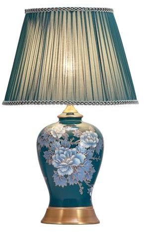 Fine Asianliving Chinesische Tischlampe Handbemalt Nachtblau Pfingstrose Bronzebasis D33xH53cm mit Lampenschirm E27 China Orientalische Tischleuchte Keramik Nachttischlampen Asia