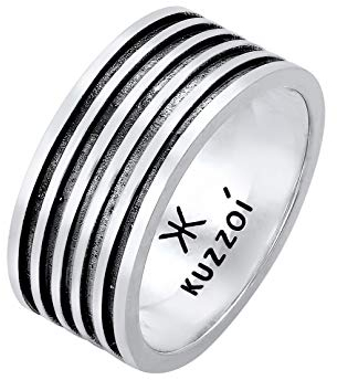 Kuzzoi Herrenring oxidiert, Bandring massiv (10 mm) in 925 Sterling Silber, Vintage Herren Schmuck Accessoire mit Rillen Struktur, Markanter Ring für Männer, Ringgröße 60, 0601762921_60
