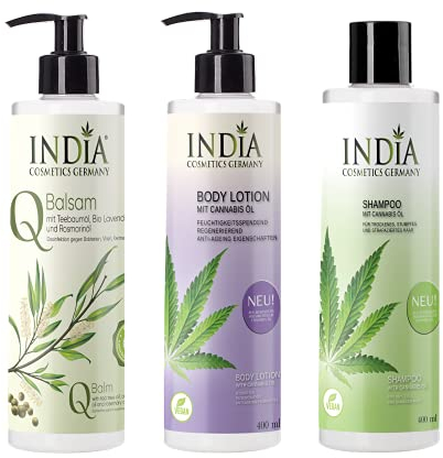 Skin-Protection Pflegeset mit Hanfsamenöl von INDIA COSMETICS GERMANY – Q-Balsam, Shampoo & Bodylotion für geschmeidige Haut und Haarpflege, ohne Parabene