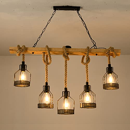 lustre suspendu Vintage Corde de chanvre tissée à la main suspension Lumière Bois E27 Cage Fer Lumière Industriel éclairage Hauteur Réglable Plafonnier 5 Flamme cuisine Chambre à coucher Déco plafond