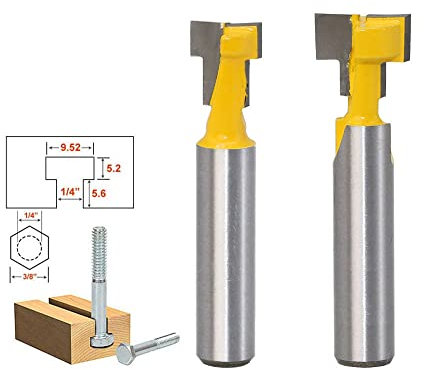 Bestgle 2 piezas de fresa amarilla con ranura en T,Ranurado en T con Mango de Acero,Fresa para Madera con Ranura en T broca para borde de corte de 3/8 '' y 1/2 ''