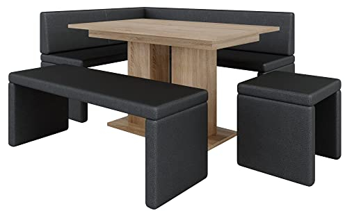 Eckbank Akiko mit Tisch und Bänken - Eckbankgruppe für Ihrem Esszimmer, Küche modern, Sitzecke, Essecke. Perfekt für Küche, Büro und Rezeption. Solide Verarbeitung (Soft 11, 196x142 Links)