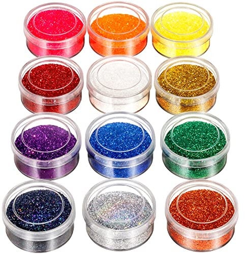 12 Pots Rainbow Fine Nail Glitter and Face Glitter, FANDAMEI Tattoo Glitter for Crafting Resin Arts, Body Glitter Makeup Glitter Face Paint Glitter, Blue & Red Glitter for Face Hair Eye Arm