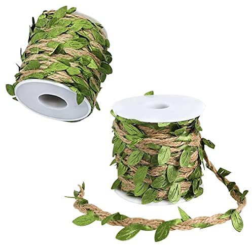 Pamtns 2 Rollen Jute Schnur mit Blatt Künstliche Blätter Efeu Girlande Künstliche Hängepflanzen Künstliche Blätter Pflanzen Girlande Vintage Hängen Reben Deko Hochzeit Deko Garten Dekoration DIY