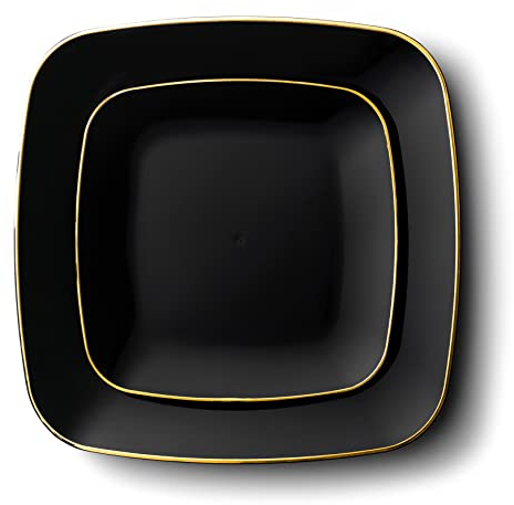 Decorline Premium Mehrweg Kunststoff Partygeschirr set - 32 Teile - Quadratische Teller Stabil & Wiederverwendbares Teller Set - 2 Größen (16x25cm & 16x18cm) - Schwarz/Gold - Classic
