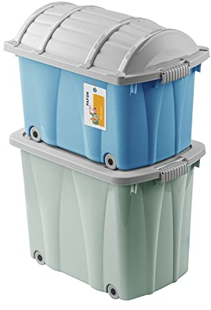 PAFEN Piraten Spielzeugkisten SET – 2x Schatzkiste 49l + 62l mit Rollen - Spielzeugbehälter Aufbewahrungsbox für Kinder Ordnungsbox, Grün/Blau