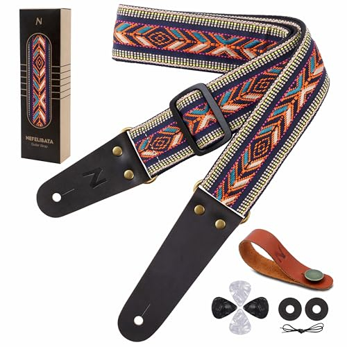 Nefelibata Gitarrengurt, echte Lederenden für Bass-, Elektro- und Akustikgitarren, mit kostenlosem Gurtknopf, 1 Paar Gurtschlössern und 4 Gitarrenplektren