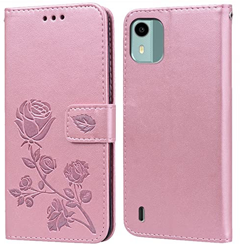 Phone Case for Nokia C12/C12 Pro/C12 Plus with Kickstand,Card Slots,Silicone Bumper,Shockproof,Flip Wallet Leather Protective Cover for Nokia C12 Pink